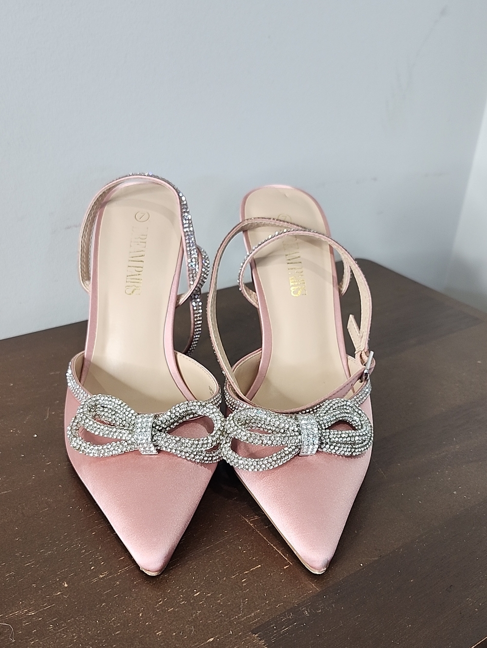 Elegant Pink Satin Pointed-Toe Slingback Heels with Crystal Bow - 7